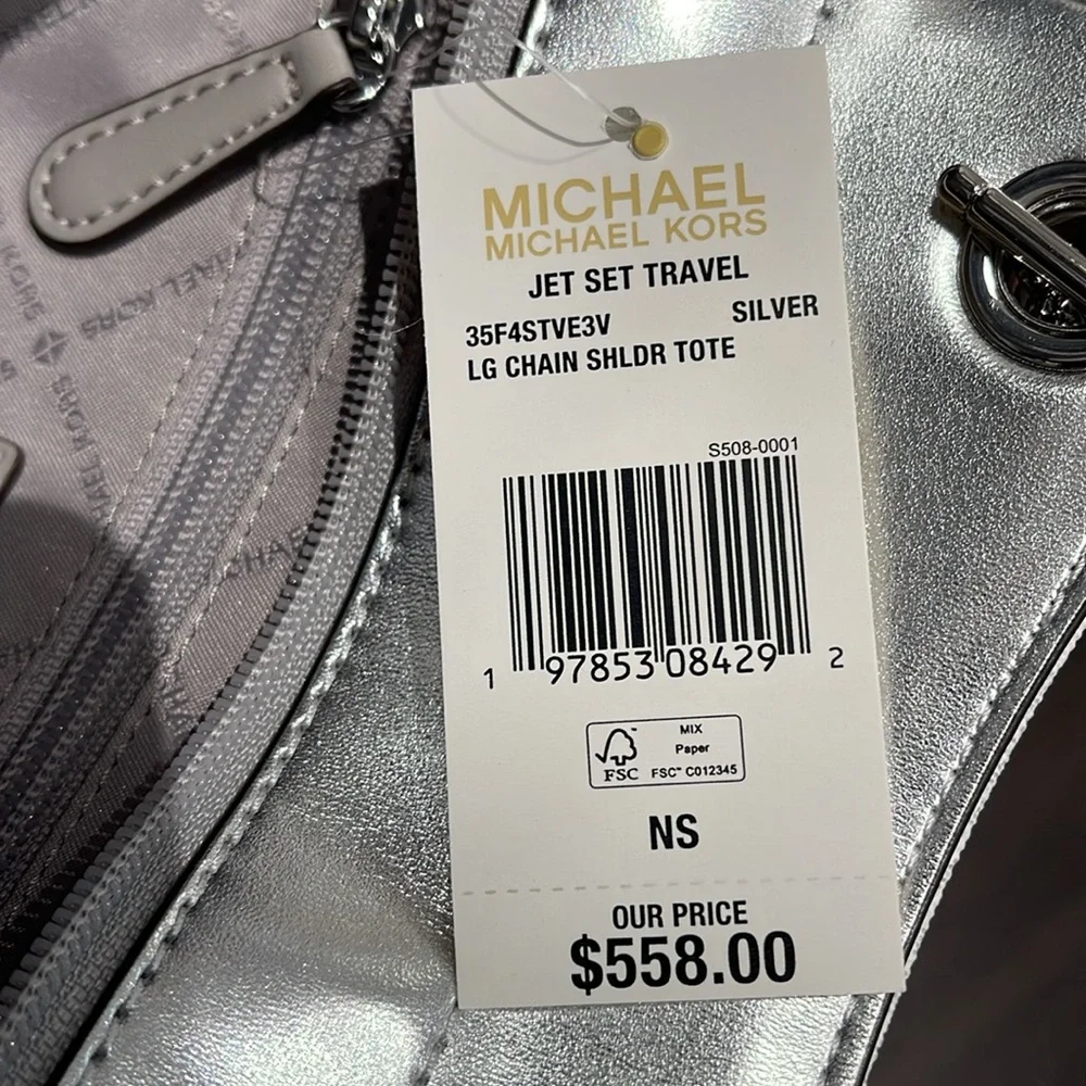 MICHAEL KORS  Jet Set Travel Large Signature Chain Shoulder Tote Bag Silver  NWT